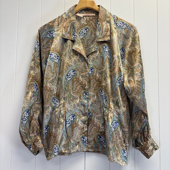 Vintage Tess Paris Womens 70s 80s Boho Paisley Satin Top Size 10 Dopamine Indie - Picture 1 of 9